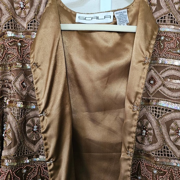 SCALA Vintage 100% Silk Beaded, Embroidered and Sequin Golden Brown Jacket Sz S - Picture 4 of 14